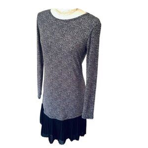 🖤 Michael Kors XS Houndstooth Midi Dress – Long Sleeve, Pleated Hem